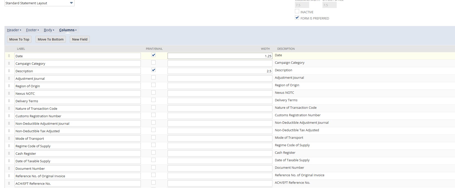 Columns tab — transaction fields and width settings