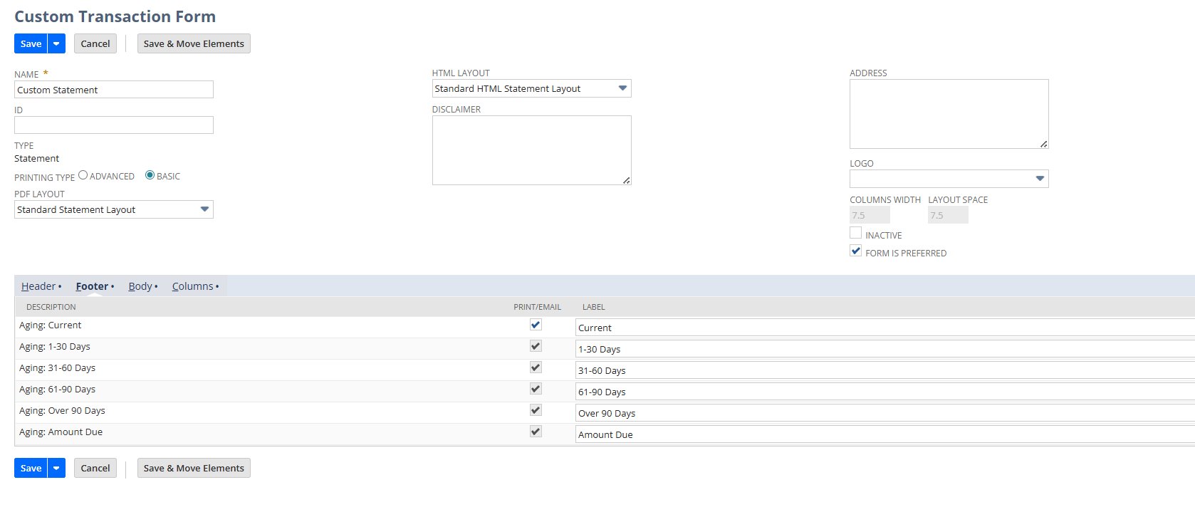 Footer tab — aging buckets configuration