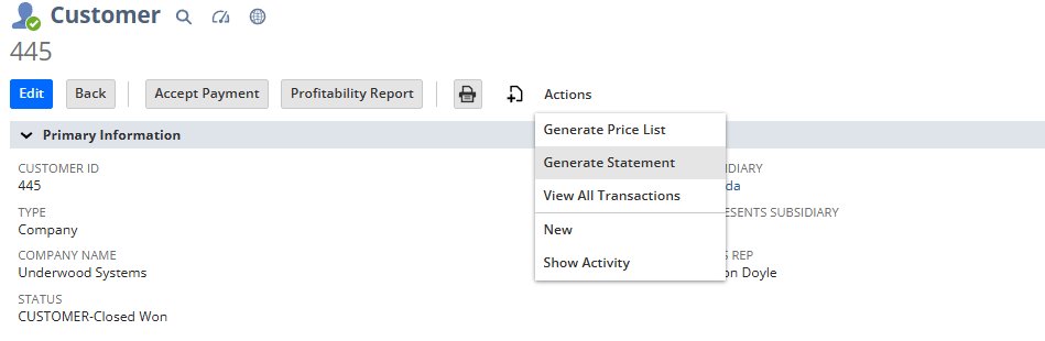 Customer record — Actions → Generate Statement