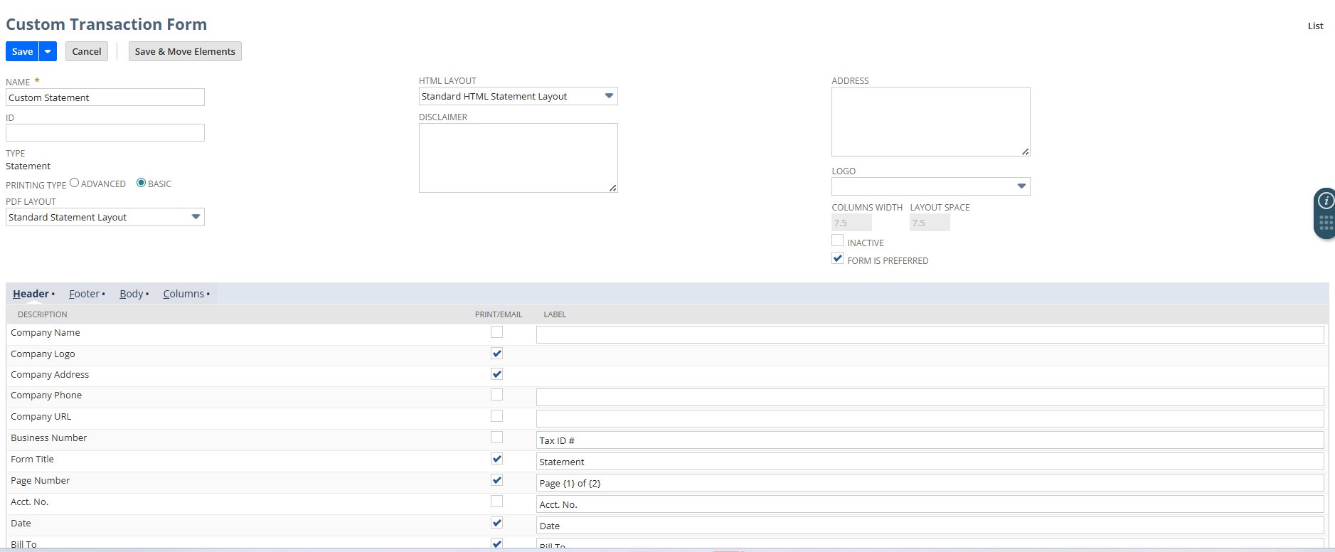 Header tab — field configuration with Print/Email toggles