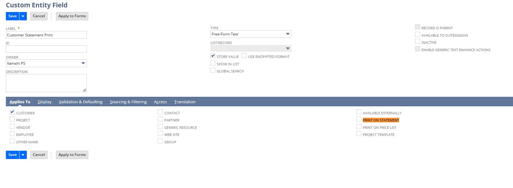 Custom Entity Field — Print on Statement checkbox in Applies To tab